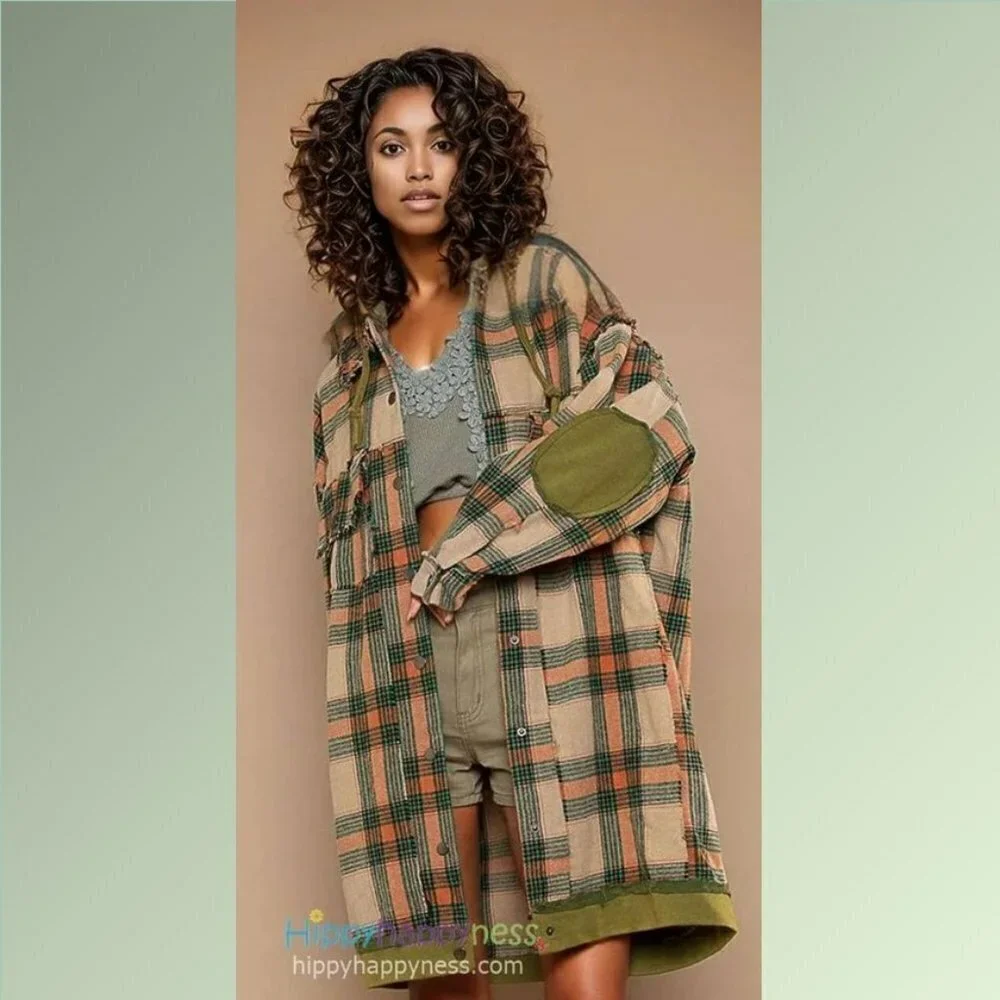 New POL Shacket Jacket Oversized Plaid Hoodie Beige Orange Green NWT - Picture 1 of 8
